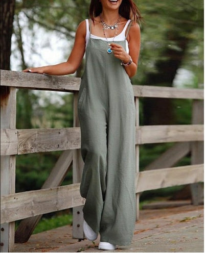 Women's Sleeveless Jumpsuit With Pockets And Adjustable Shoulder Strap Fashion Loose Wide Leg Straight Overalls Summer Beach Trousers